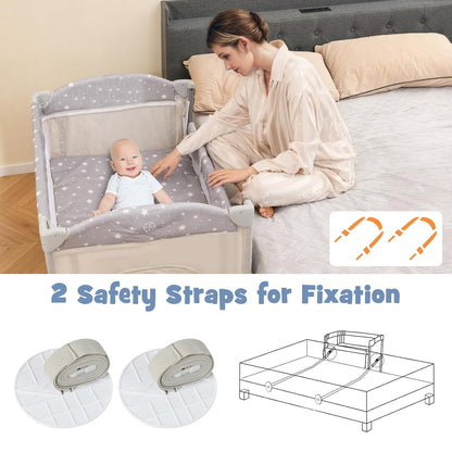 BABY JOY 5-in-1 Pack and Play, Portable Baby Bedside Sleeper with Bassinet, U-Shaped Diaper Changer, Safety Strap, Side Zipper Entrance, Hangings, Bedside Crib Playard from Newborn to Toddlers (Gray)