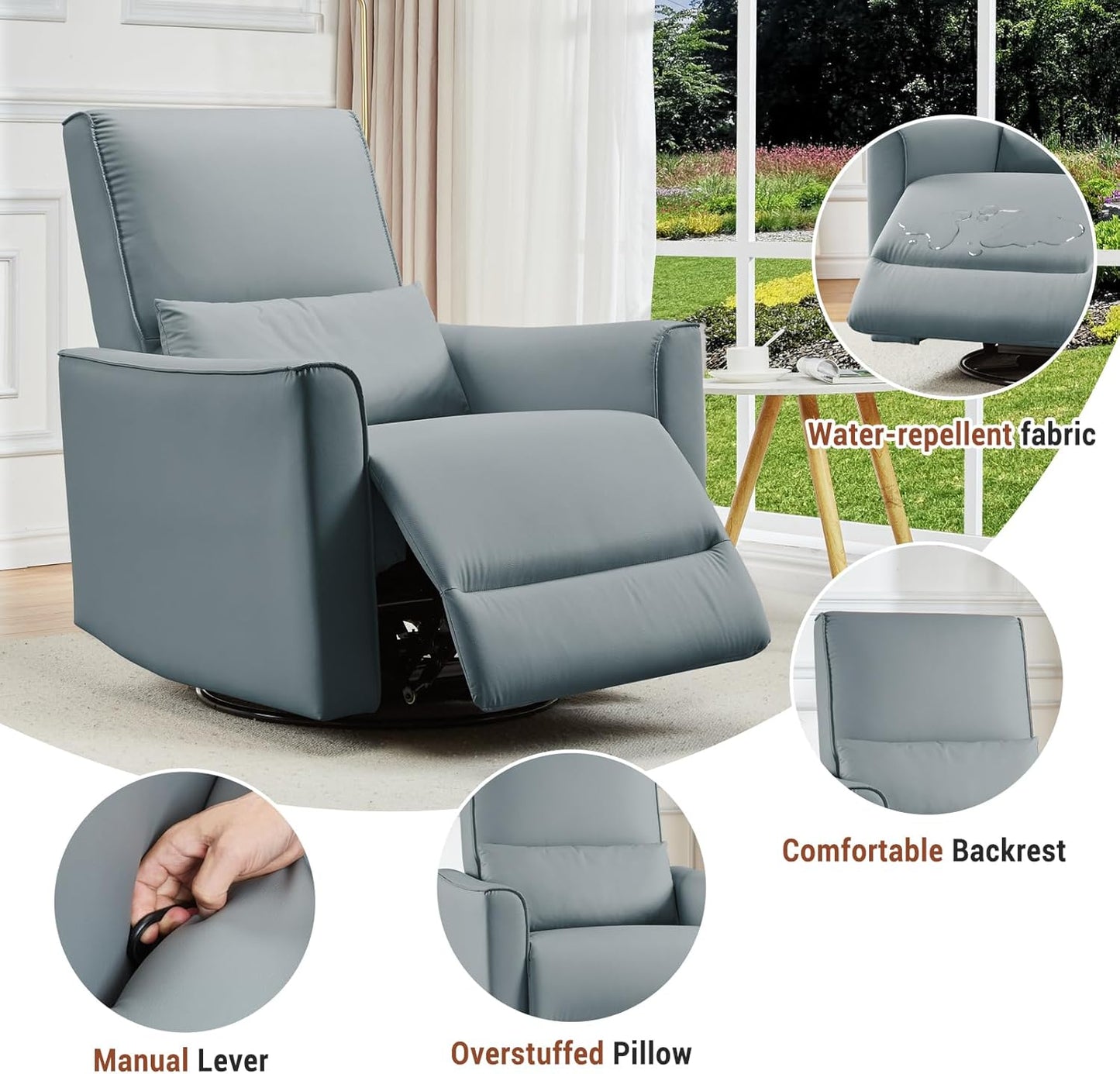 GarveeHome Recliner Chair, 360° Swivel Rocker Glider Nursery Chair with Padded Armrest and Deep Seat, PU Leather Upholstered Reclining Sofa Chair for Living Room, Bedroom and Nursery (Brown)