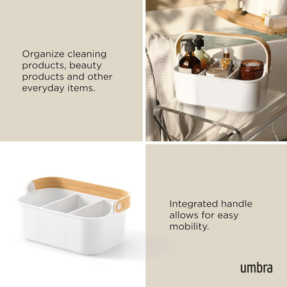 Umbra Bellwood Stackable Bin, 14" x 10" Durable Lightweight Container with Wooden Handle and Removable Dividers, Black/Walnut
