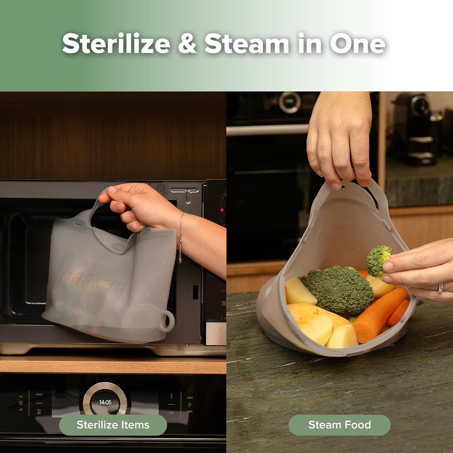 Haakaa On-The-Go Silicone Microwave Steam Sterilizer Bags for Travel, 40oz/1250ml Reusable Silicone Steaming Bags for Baby Bottles, Breast Pump, Accessories, Pacifiers, Teethers,Grey/1PC
