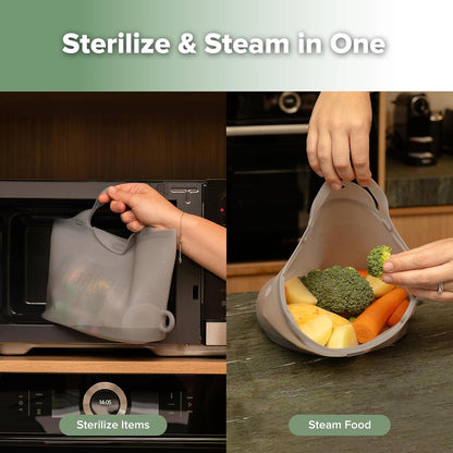 Haakaa On-The-Go Silicone Microwave Steam Sterilizer Bags for Travel, 40oz/1250ml Reusable Silicone Steaming Bags for Baby Bottles, Breast Pump, Accessories, Pacifiers, Teethers,Grey/1PC
