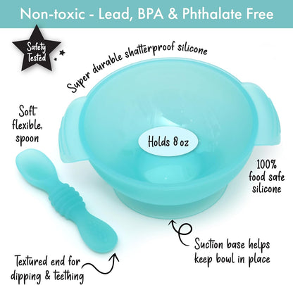 PrimaStella Unbreakable Silicone Non-Slip Bowl and Chew Spoon Set for Babies and Toddlers (Rainbow Swirl)