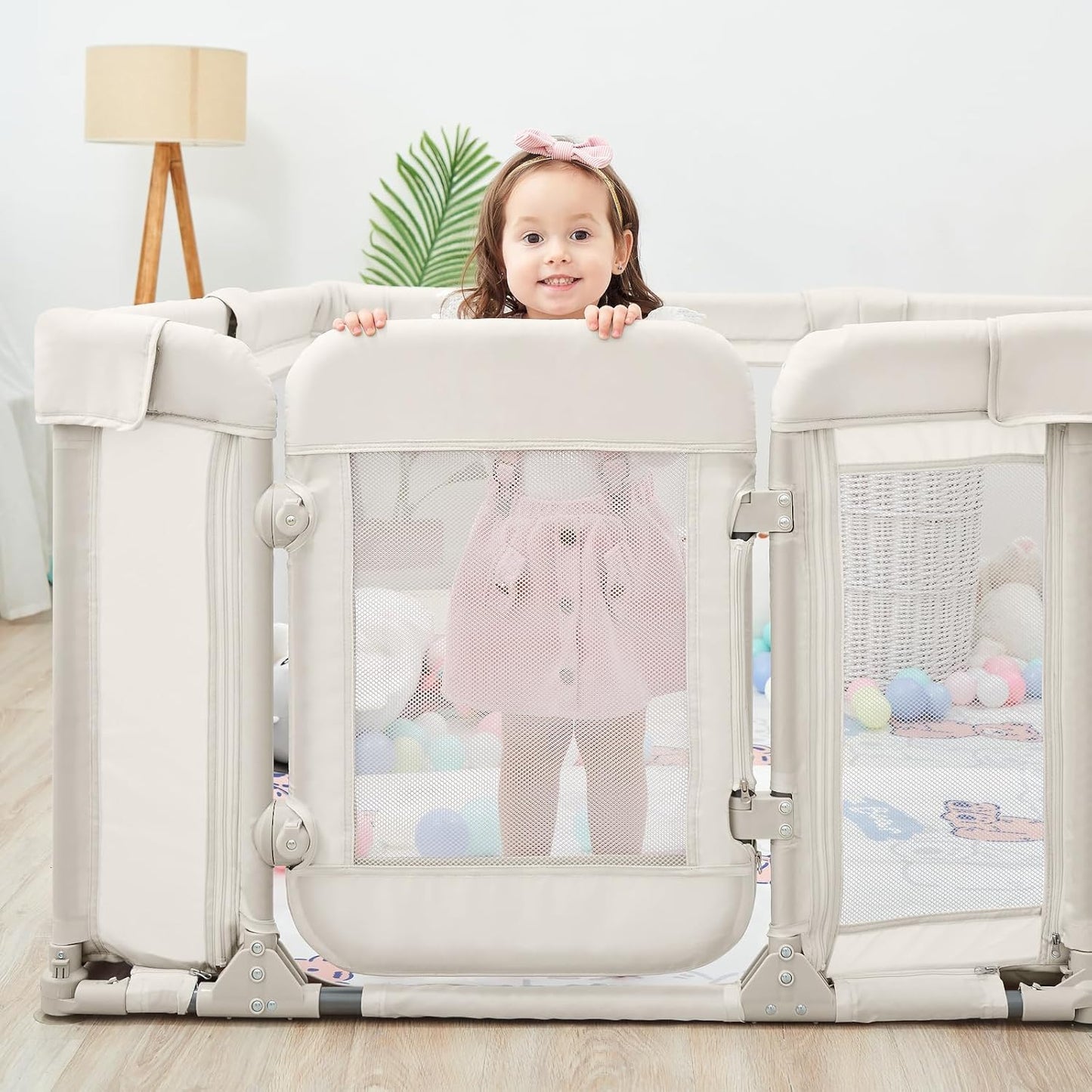Sweeby Foldable Baby Playpen, Baby Gate Playpens for Babies and Toddlers 79x71 Extra Large Play Yard with Door Fence with Mat and Indoor Play Pen,Light Grey