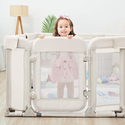 Sweeby Foldable Baby Playpen, Baby Gate Playpens for Babies and Toddlers 79x71 Extra Large Play Yard with Door Fence with Mat and Indoor Play Pen,Light Grey