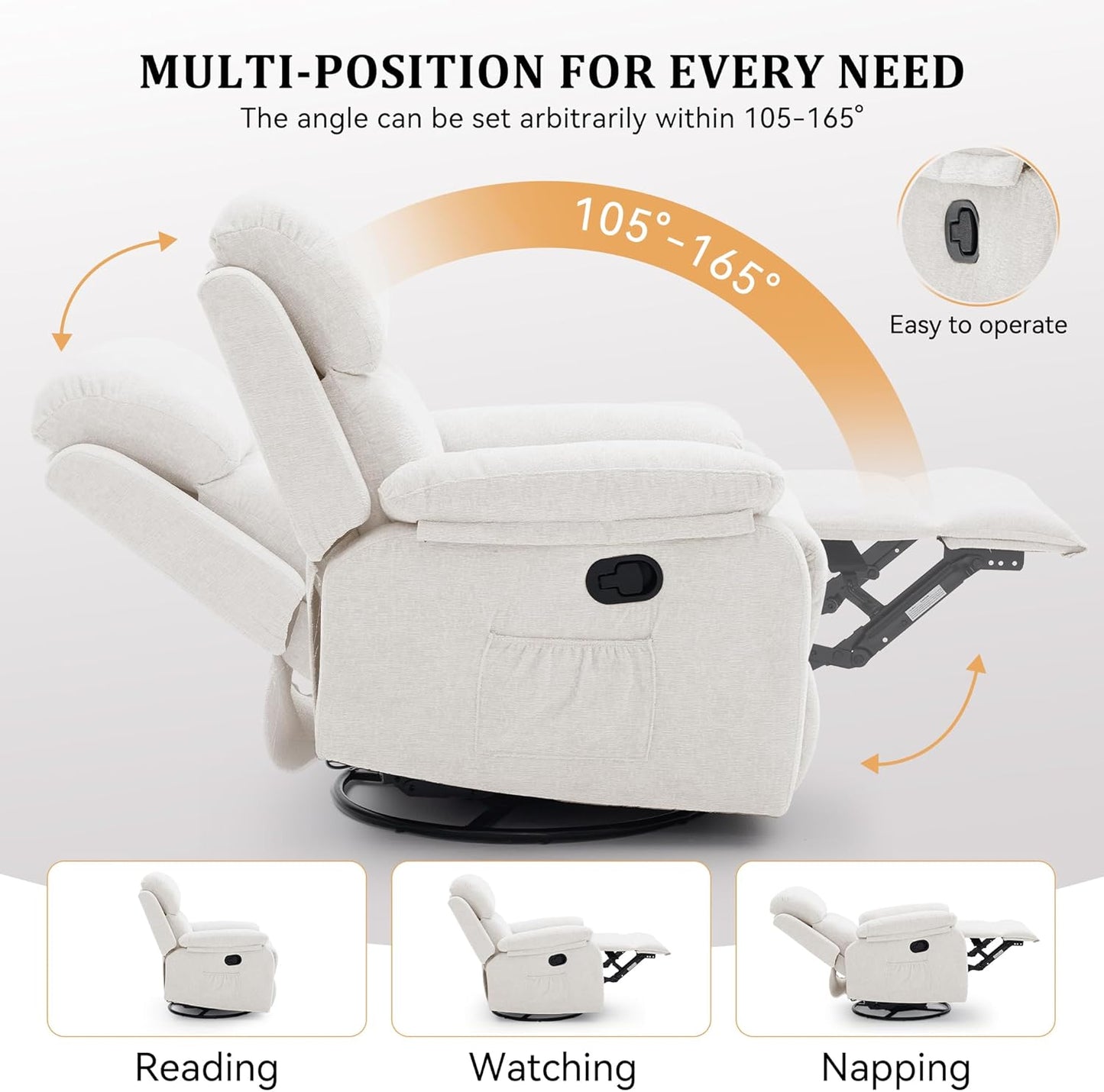 Korser Recliner Chair, 360 Swivel Rocker Chair for Adults, Small Rocking Recliner for Small Spaces, Upholstered Fabric Glider Recliner Nursery
