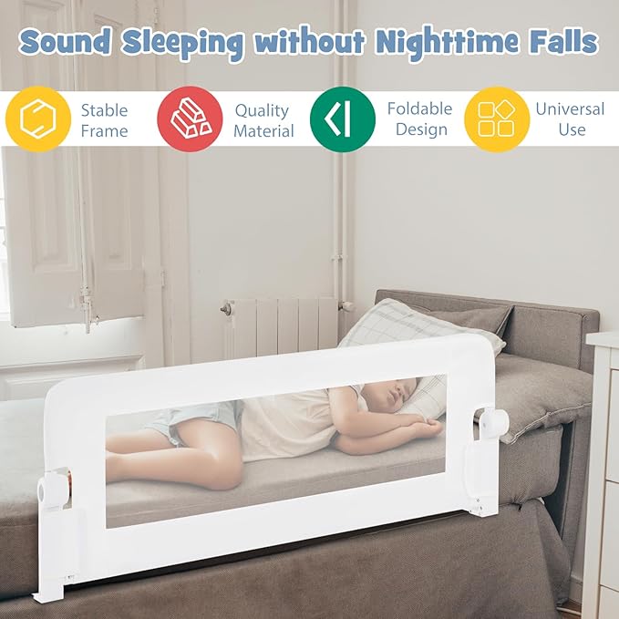 BABY JOY Double Sided Bed Rail Guard, 2 Pack, Extra Long, Swing Down for Convertible Crib, Folding Baby Safety Bedrail for Kids Twin Full Size Queen King Mattress, Rails for Toddlers (White, 47")