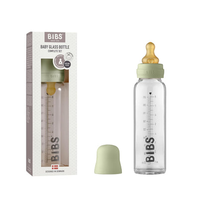 BIBS Baby Glass Bottle. Anti-Colic. Round Natural Rubber Latex Nipple. Supports Natural Breastfeeding, Complete Set - 110 ml, Cloud
