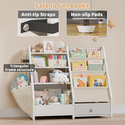 HAVLOTII Kids Bookshelf and Toy Storage - Book Shelf for Kids Rooms, Toddler Bookshelf Baby Bookcase for Nursery, Montessori Toy Organizer, White