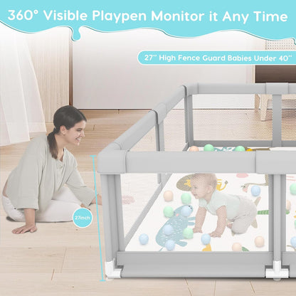 Fshibila 74" ×50" Large Baby Playpen, Baby Playard for Babies and Toddlers, Baby Fence Play Pens for Indoor & Outdoor, Sturdy Safety Play Yard with Soft Breathable Mesh, Anti-Fall, Grey
