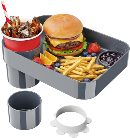 Car Seat Cup Holder Snack Tray for Kids, Reduces Mess, Detachable Large Base & Adjustable Ring, Carseat Tray for Toddler, Car Seat Food Tray Table for Kid Travel Road Trip Essentials -Light Gray