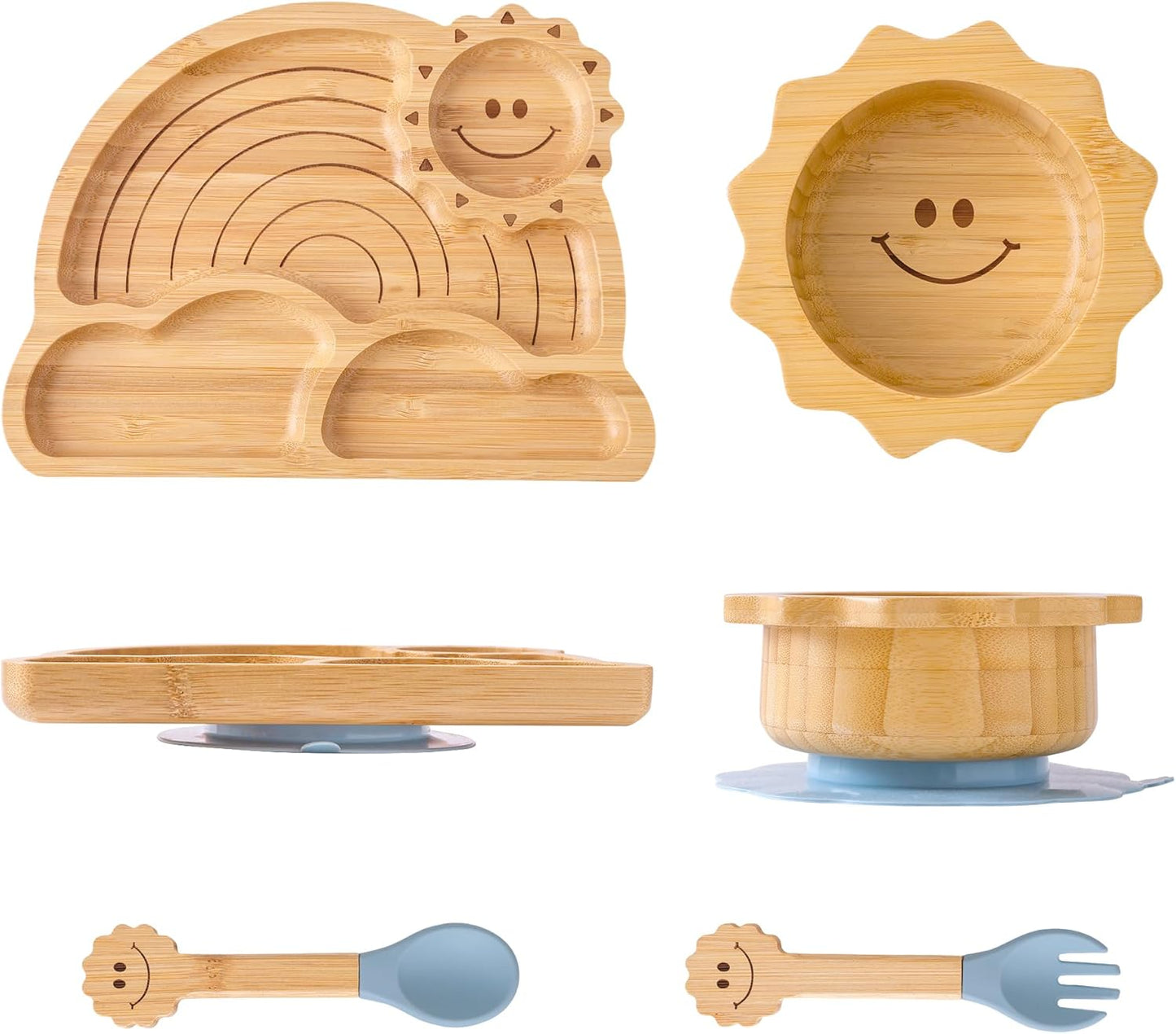 Bamboo Suction Plates Bowls Set for Baby Toddler - Includes Bamboo Bowl, Divided Plate, Silicone Fork & Spoon, All-Natural Baby Feeding Set for Baby-Led Weaning