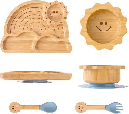Bamboo Suction Plates Bowls Set for Baby Toddler - Includes Bamboo Bowl, Divided Plate, Silicone Fork & Spoon, All-Natural Baby Feeding Set for Baby-Led Weaning