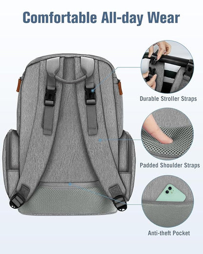 Mancro Diaper Bag Backpack, Multifunctional Baby Diaper Bag Backpack For Men Women with Stroller Straps, Travel Water Resistant Baby Diaper Backpack with 2 Side Insulated Pockets, White Grey