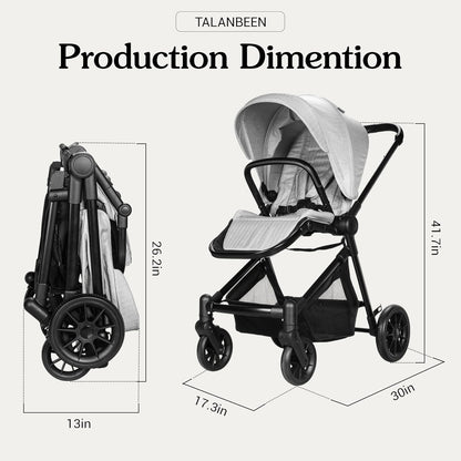Lightweight High-View Baby Stroller, One-Hand Fold & Compact Storage, Convertible Seat, 5-Point Safety Harness, Foldable Infant Stroller, Grey