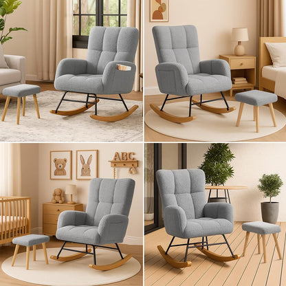 COMHOMA Nursery Rocking Chair with Ottoman,Teddy Glider Rocking Chair,Accent Chair with High Backrest Reading Chair for Adult,Nursery,Bedroom,Living Room,Offices(Beige with Ottoman)