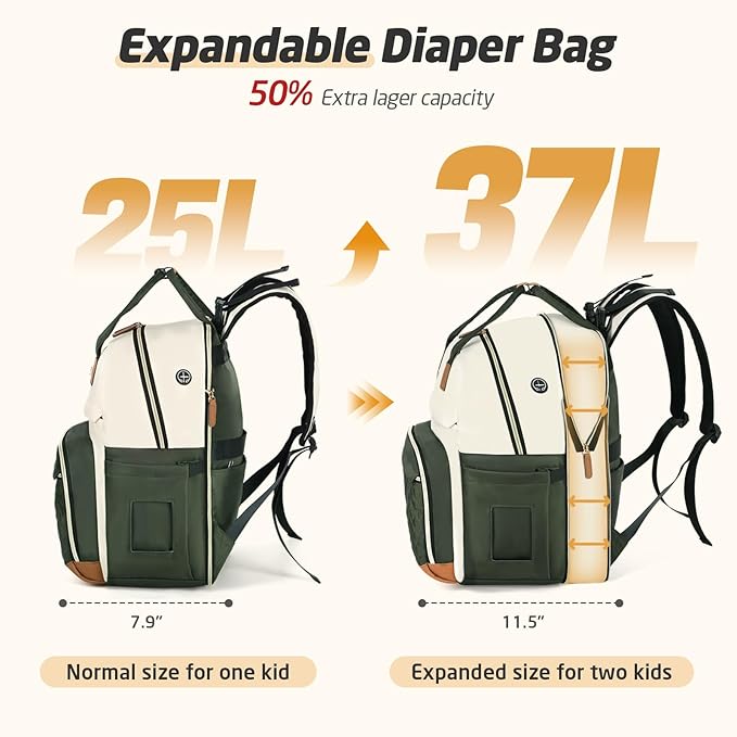 Diaper Bag Backpack - Extra Large Diaper Bag for 2 Kids Twin, Travel Baby Bags for Mom Dad 25-37L Expandable with Changing Pad Earphone Hole, Apricot Green