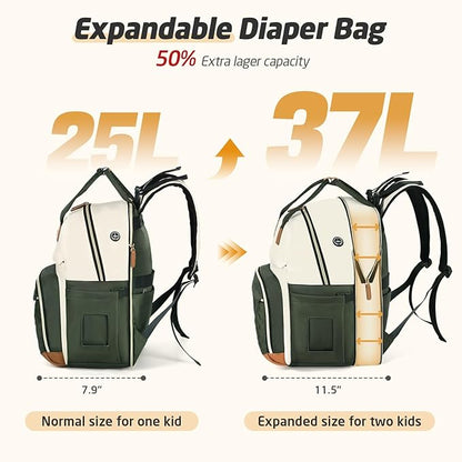 Diaper Bag Backpack - Extra Large Diaper Bag for 2 Kids Twin, Travel Baby Bags for Mom Dad 25-37L Expandable with Changing Pad Earphone Hole, Apricot Green