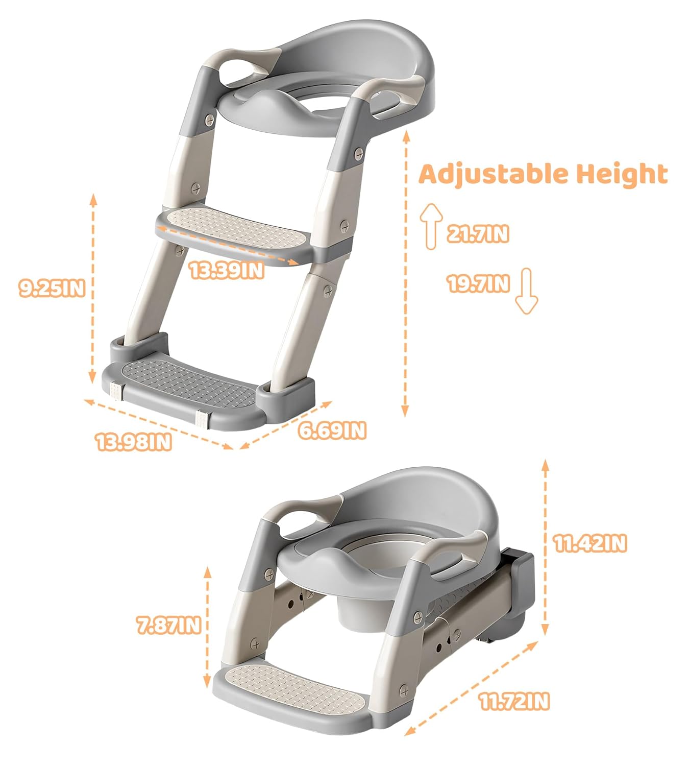 2-in-1 Toddler Potty Training Toilet Seat with Step Stool Ladder – Adjustable Height Potty Chair Urinal for Baby Boys Girls Age 1-3, Foldable Training Potty with Splash Guard & Anti-Slip Feet, Grey