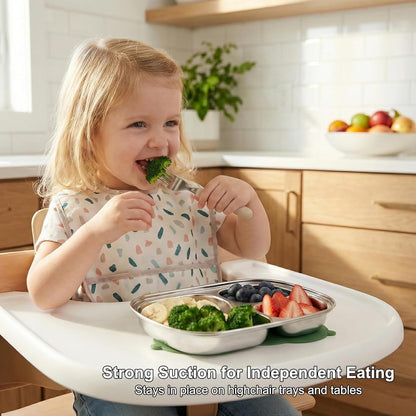Stainless Steel Divided Toddler Plates with Dual Suction, Premium Korean 304 Steel, Electro-Polished, No Black Residue, Baby & Little Kids Food Tray Feeding Set – 2 Plates + 2 Bases (Sage & Sand)