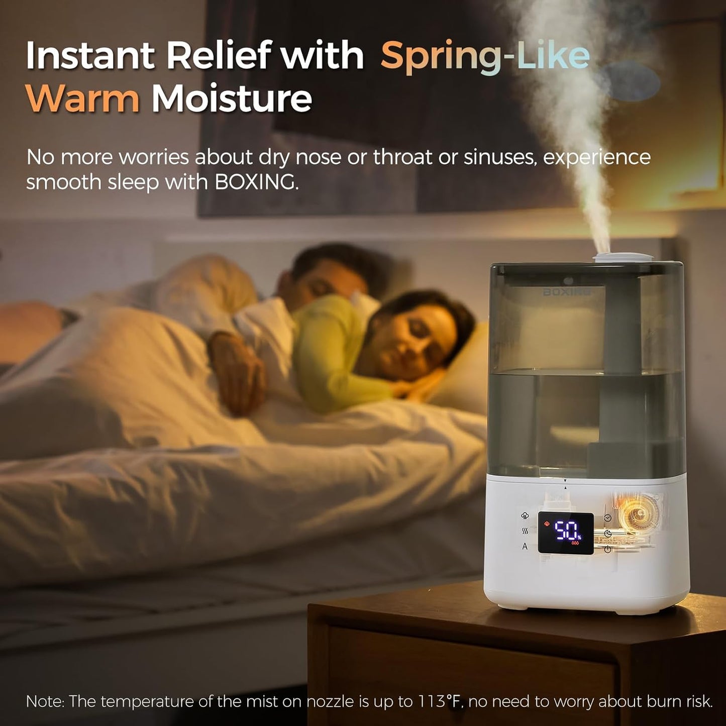 BOXING 4.5L Warm and Cool Mist Ultrasonic Humidifier for Bedroom Large Room, Top Fill Essential Oil Diffuser with Remote, Auto Shut-Off Quiet Sleep Mode, Humidistat, Timer, BPA-Free, 45H Runtime