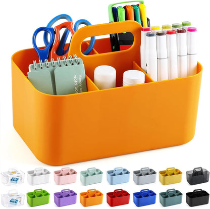 Multiuse Caddy Organizer with Handle, Portable Divided Plastic Tote Bin - Art Craft, Stationary Pen Marker Crayons, Makeup Hair Supplies Storage - Bathroom, Classroom, Dorm, Office, Desk Holder - Pink
