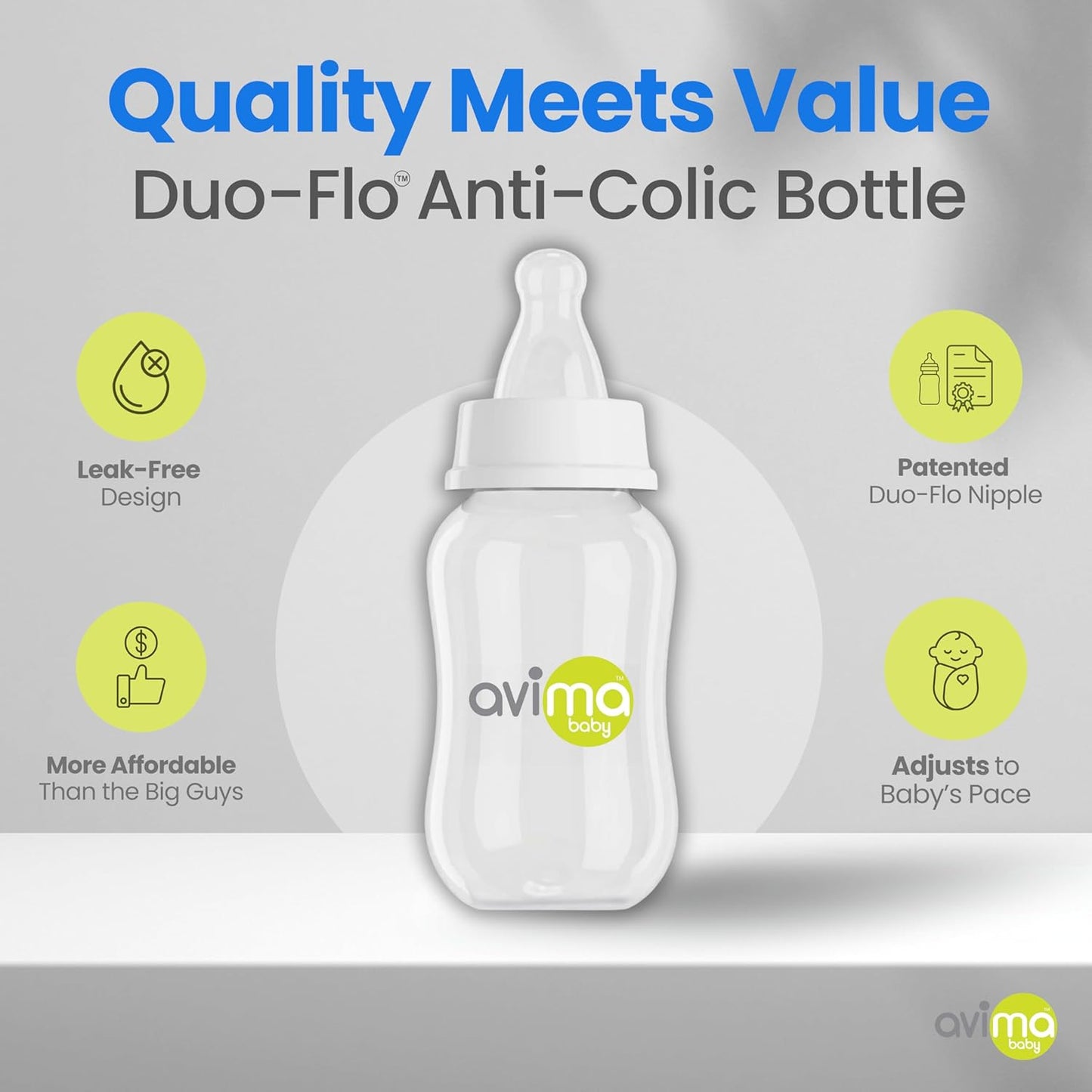 Avima 10 oz Anti Colic Baby Bottle Set - Medium Flow Nipples Included, Standard Neck, BPA Free - 3-6 Months, Stage 2 Feeding for Gas, Spit Up & Colic (Set of 8)