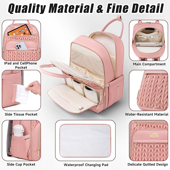 Tealari Diaper Bag Backpack,Stylish Baby Diaper Bag,Waterproof Travel Diaper Backpacks Baby Bags with Changing Pad,Stroller Straps,Insulated Pockets (Pink)