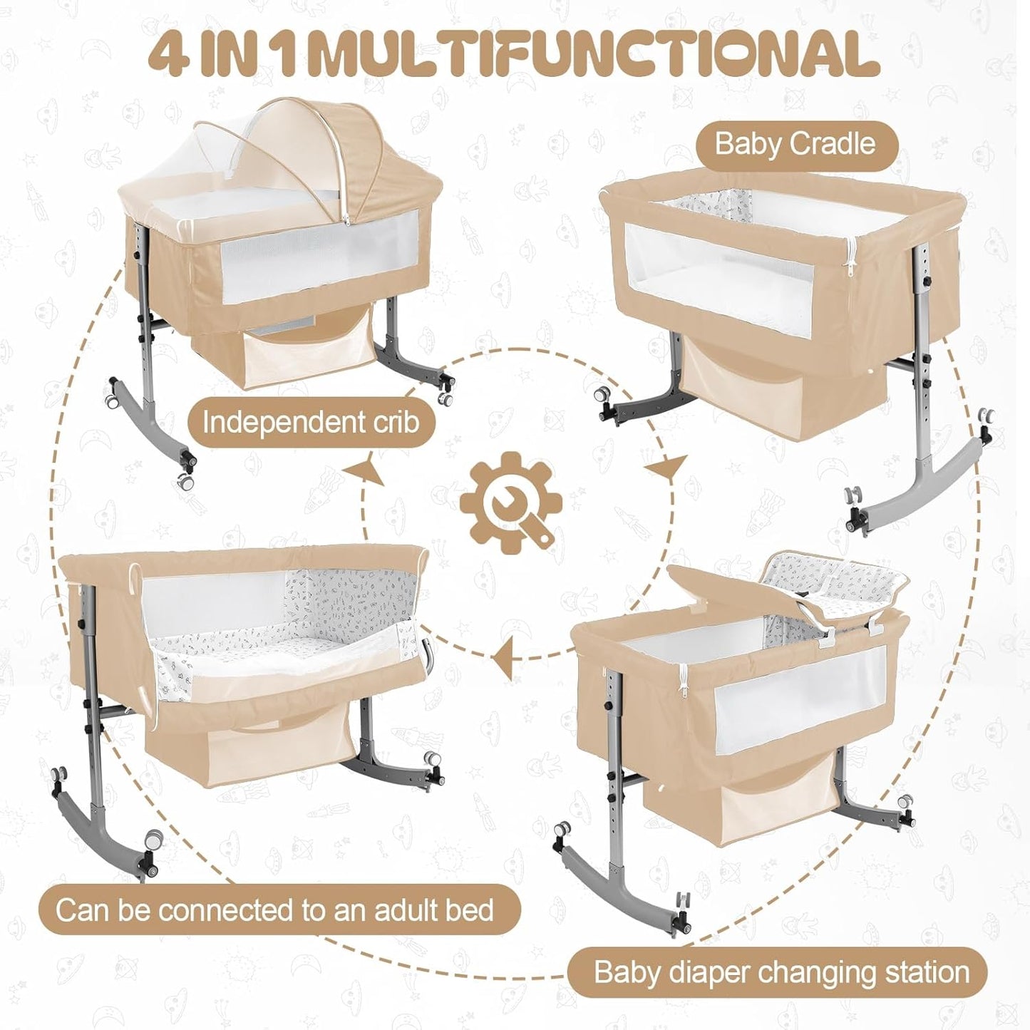 Baby Bedside Sleeper Bassinet with Changing Table, 39.4x23.6in, Portable, 6-Height Adjustable, 4-in-1 Iron Frame, Silent Wheels & Brakes, Breathable Mesh, Grey, for 0-24 Months
