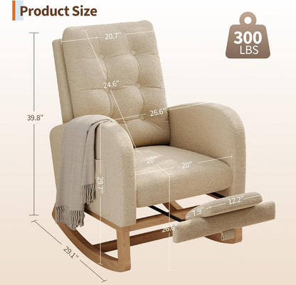 GarveeHome Nursery Rocking Chair with Adjustable Footrest, Teddy Fleece Upholstery, Sturdy Wooden Legs & High Backrest, Comfortable Glider Rocking Chair for Living Room or Bedroom, Pink