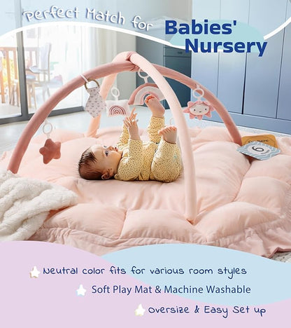 Little Dove 5-in-1 Plush Baby Play Gym, Tummy Time Mat with Blanket and 6 Sensory Toys, Baby Play Mats, Convertible Baby Gym for Sensory Development from Newborn to Toddler, Pink