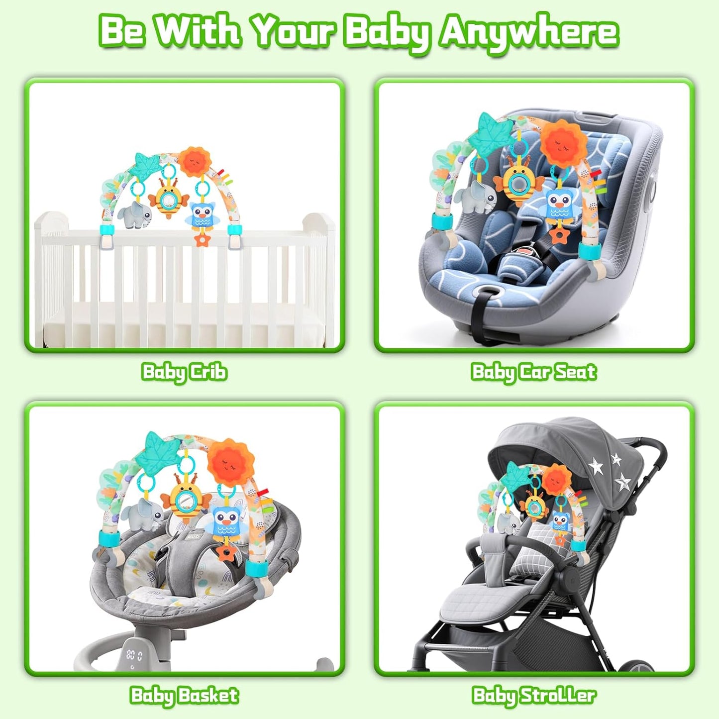 Baby Activity Stroller Arch Toys,Car Seat Toys for Adjustable Bouncer Arch Crib Bassinet Hanging Toys Mobile Clip on Stroller Developing Motor Infants Toddlers Skills with Rattle,Mirror,Teether Gift