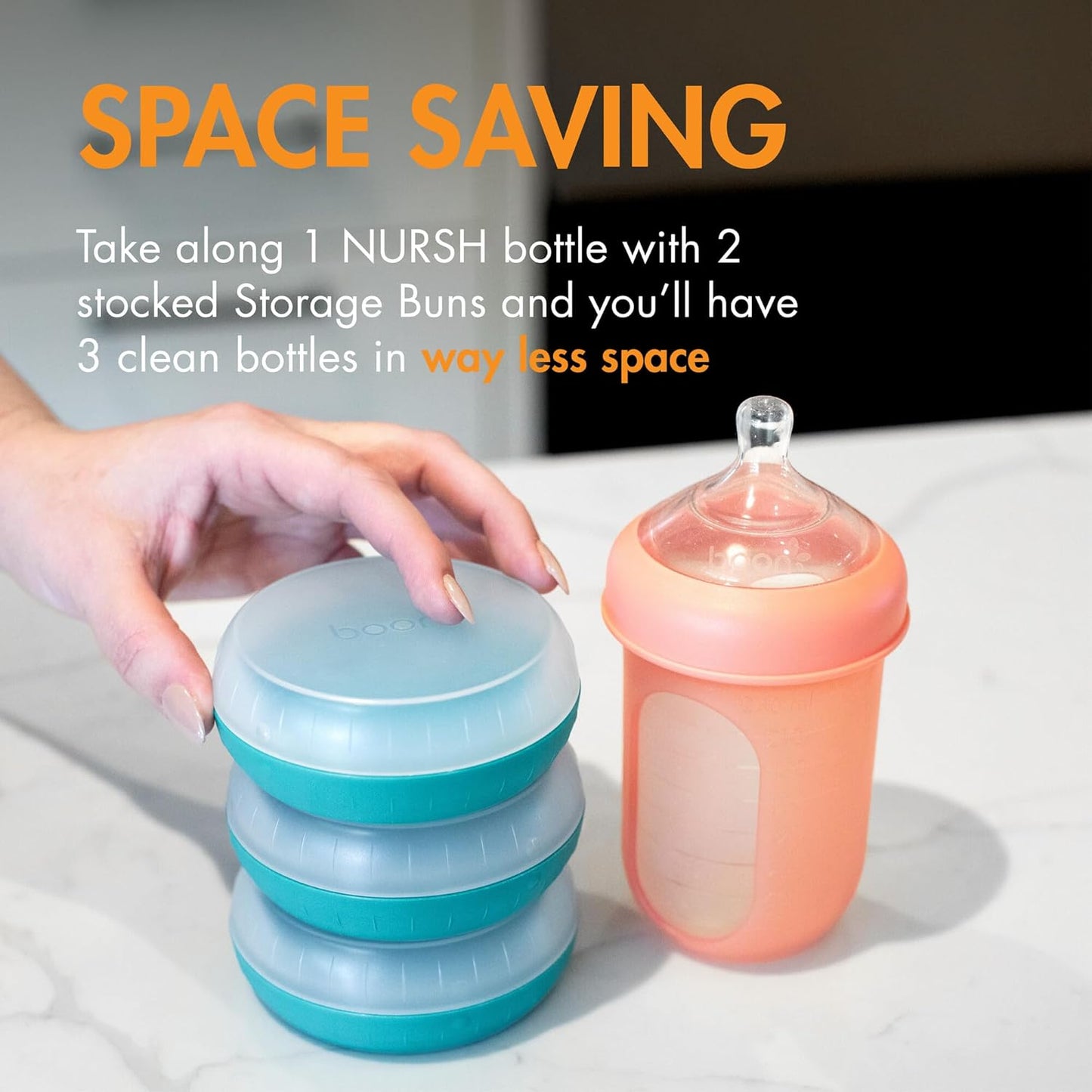 Boon Baby Bottle Storage Buns - Travel Holders for Nursh Bottles - Blue and White, 3 Count
