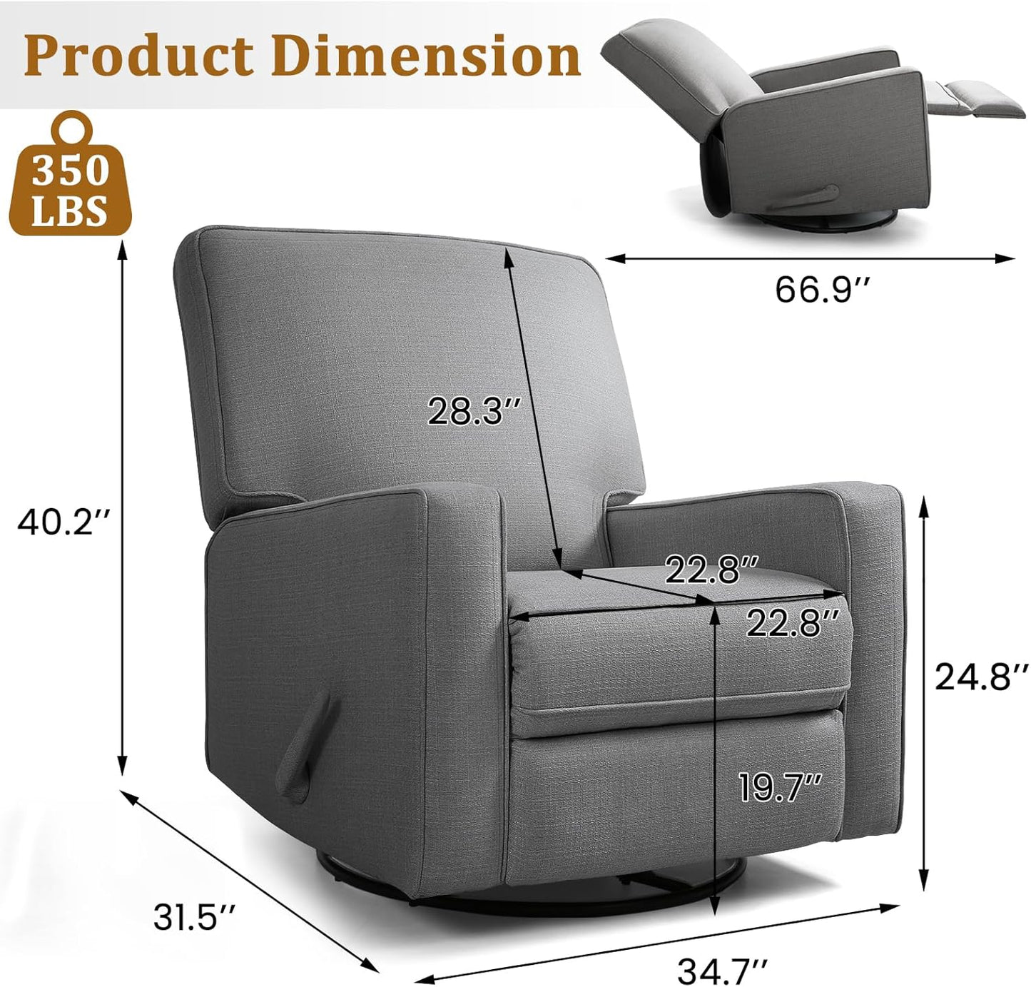 Swivel Rocker Recliner Chair for Adults, High Back Fabric Recliner with Deep Seat, Manual Glider for Living Room & Nursery, Grey