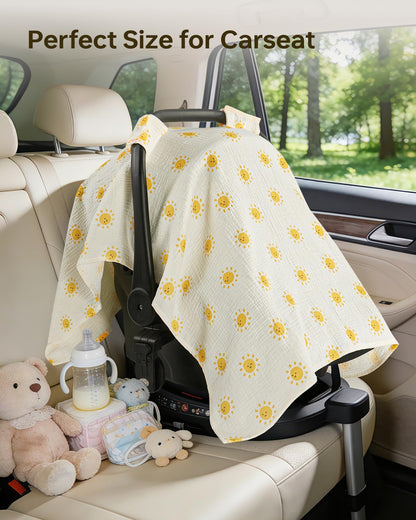 100% Muslin Cotton Car Seat Cover for Baby, Soft Breathable Car Seat Canopy, Universal Infant Carseat Cover Sun Protector, Lightweight Summer Stroller Cover for Boys Girls - Strawberry