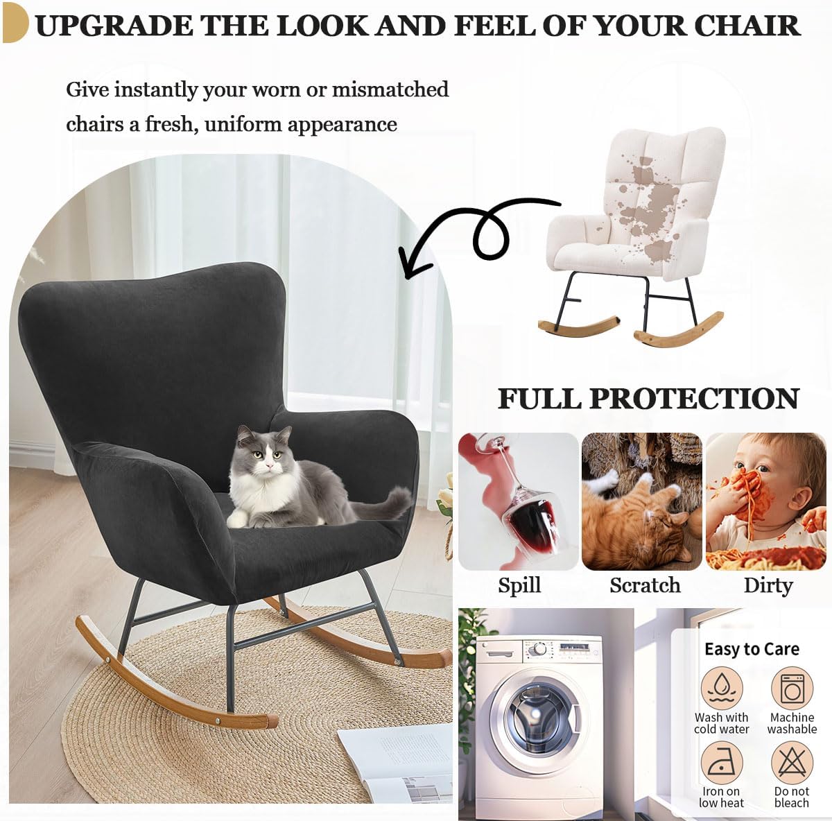 Levoberg Nursery Rocking Chair Cover Velvet Rocker Glider Chairs Cover Slipcovers Stretch Rocking Accent Chair Cover Recliner Armchair Slipcover for Nursery Living Room Bedroom Office Camel
