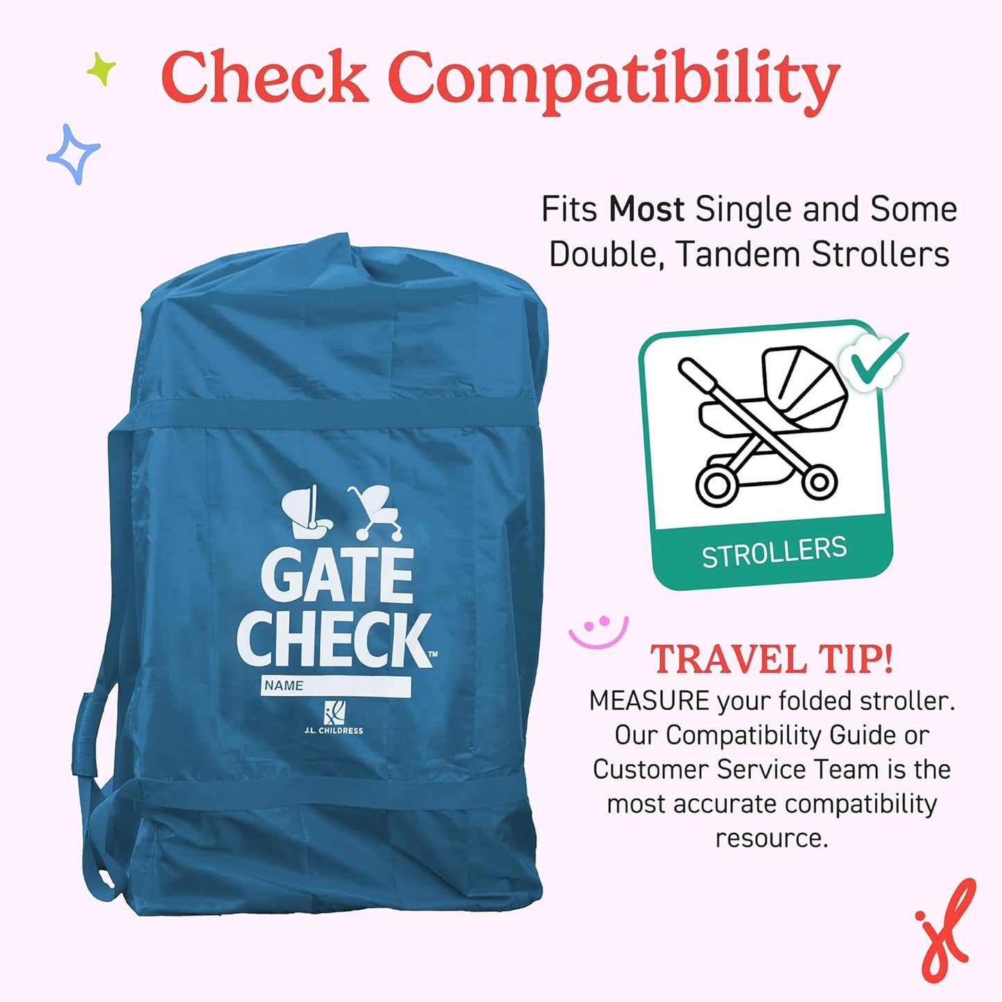J.L. Childress Gate Check Bag for Single & Some Double Strollers - Travel Bag for Airplane, Fits Most Standard Baby Strollers, Airport Accessories for Gate Check, Flying Essentials - Red