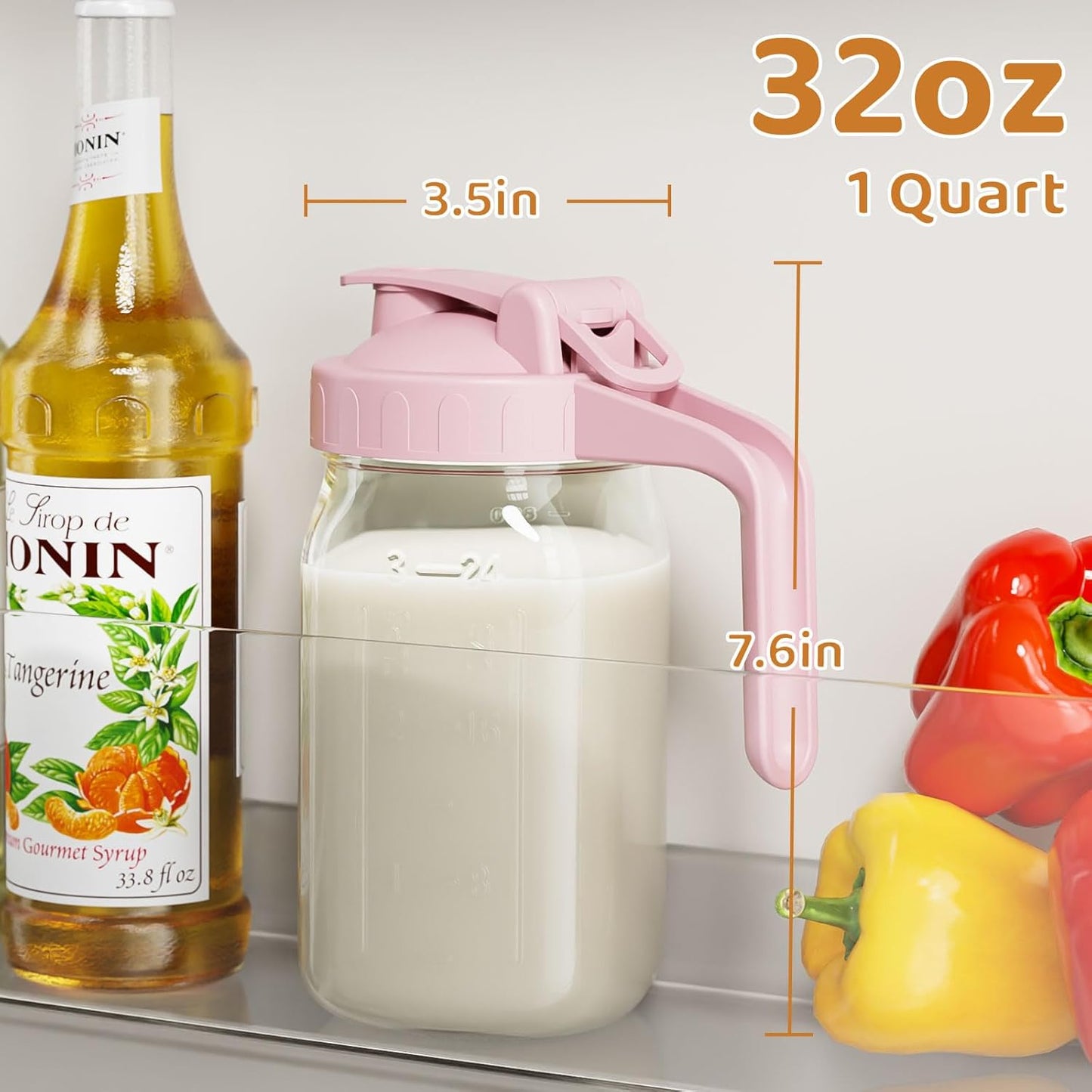 OneDream Breast Milk Pitcher 32oz Glass Pitcher with Lid, Formula Pitcher Leakproof Drip-Free Spout, Wide Mouth Mason Jar Pitcher for Easy Pouring, Dishwasher Safe Breastmilk Storage Pitcher