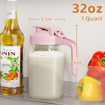 OneDream Breast Milk Pitcher 32oz Glass Pitcher with Lid, Formula Pitcher Leakproof Drip-Free Spout, Wide Mouth Mason Jar Pitcher for Easy Pouring, Dishwasher Safe Breastmilk Storage Pitcher