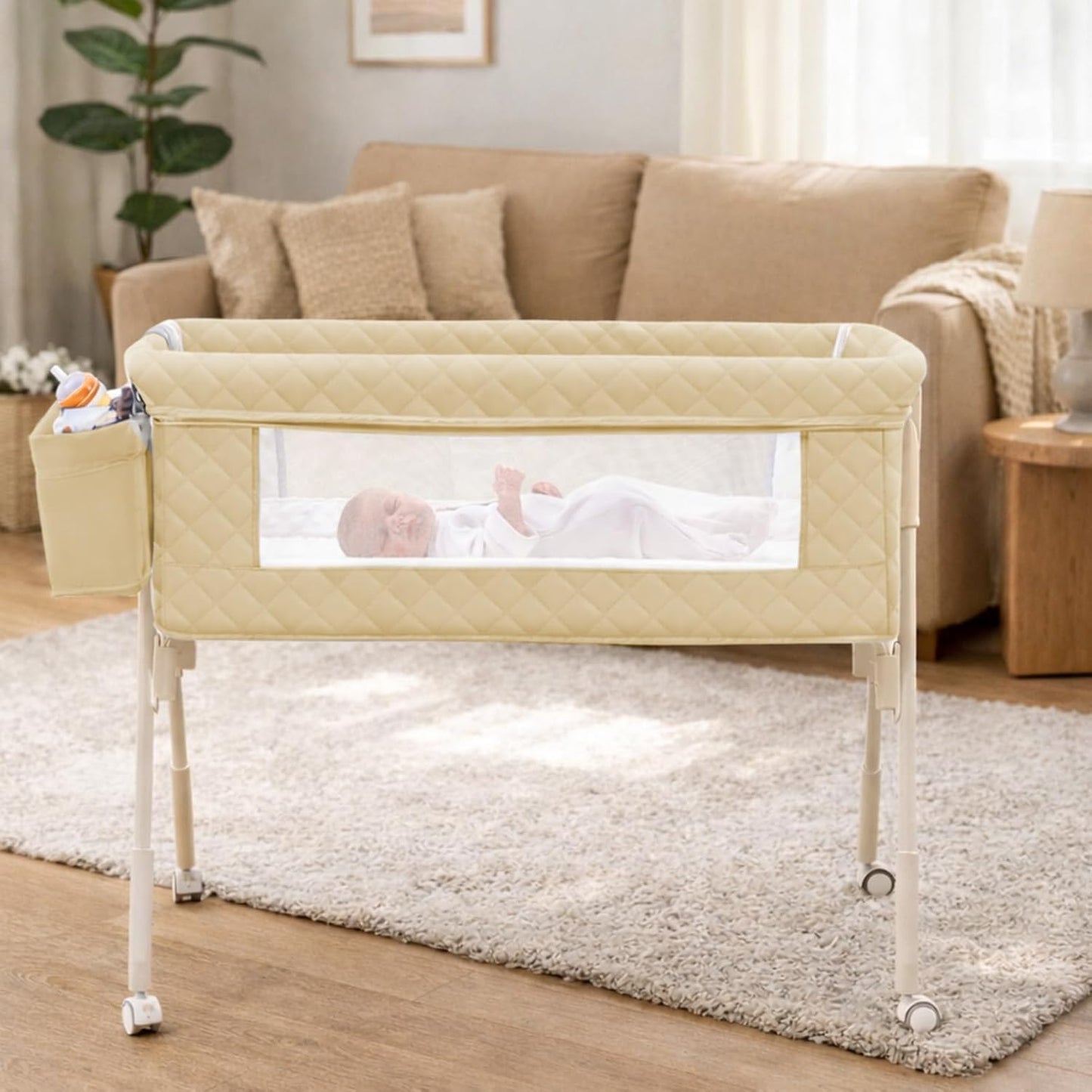 Baby Bassinet Bedside Crib for Newborn, 4-in-1 Baby Bassinet Bedside Sleeper with Mesh & Mattress, Easy Move Crib for Newborns with Lockable Wheels & Storage Basket, 4-Adjustable Height(Grey) | Bassinet with Wheels, Storage Basket, 4 Height Adjustable