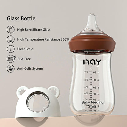 yanyoyo Natural Glass Baby Bottle for Breastfeeding Babies, 5.4oz Anti-Colic Baby Bottle with Natural Response Nipple(S), Clear, Wide Neck, 2 Pack, 1 Months+