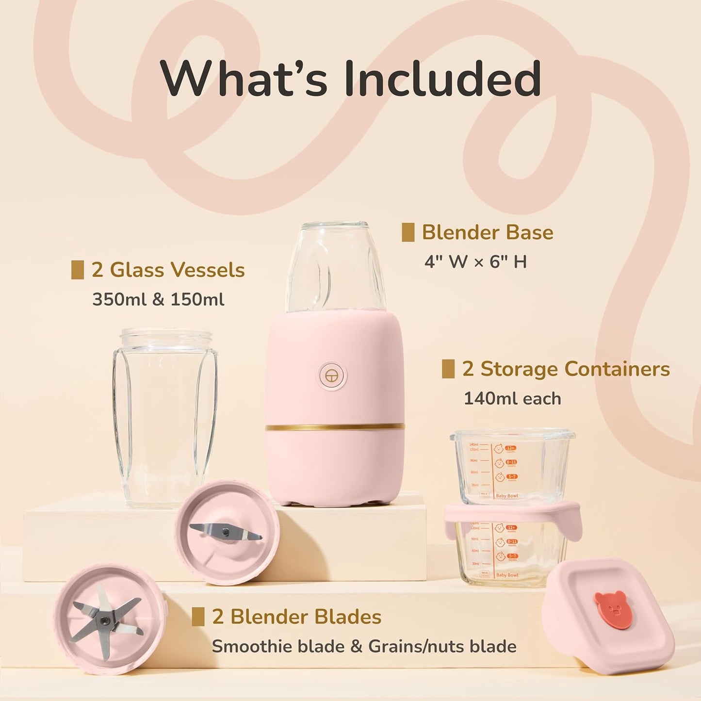 Bubble Blender, Baby Food Maker & Puree Blender with 2 Borosilicate Glass Cups, Compact Baby Bullet for Smoothies, Hands-Free One-Touch, 200W Motor, Rose
