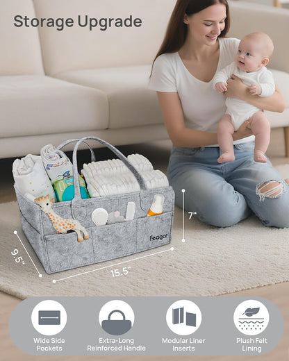 Feagar Baby Diaper Caddy Organizer, 15 Inch Large 2 Pack Set with 8 Pockets & 2 Dividers, Portable Nursery Storage Basket & Car Organizer for Changing Table, Travel (Pink)