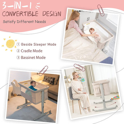 HONEY JOY Baby Bassinet Bedside Sleeper, 3-in-1 Easy Folding Portable Crib for Baby with Wheels, 5 Adjustable Heights, Easy to Assemble Bed to Bed, Mattress & Carry Bag for Infant Newborn (Pink)