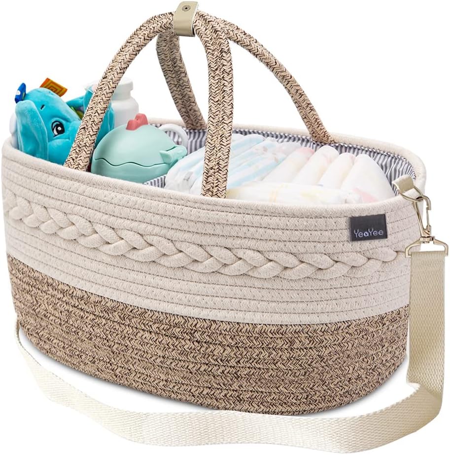 Baby Diaper Caddy Organizer, Portable Nursery Storage Basket with Changeable Compartments, 100% Cotton Woven Rope Baskets, Car & Changing Table Tote, Newborn Gift