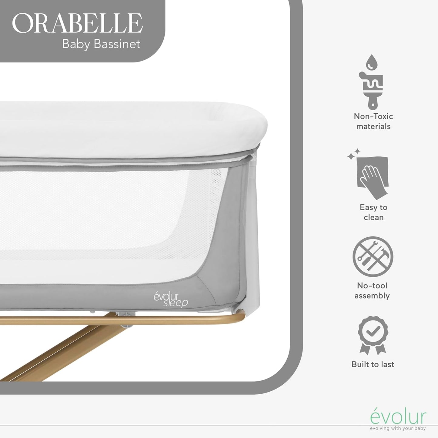 Evolur Orabelle Baby Bassinet & Bedside Sleeper, Breathable Mesh Sides, Plush Mattress Pad with Removable Cover, Tool-Free Assembly, Quick Foldable Steel Frame Compact Design with Travel Bag – Black