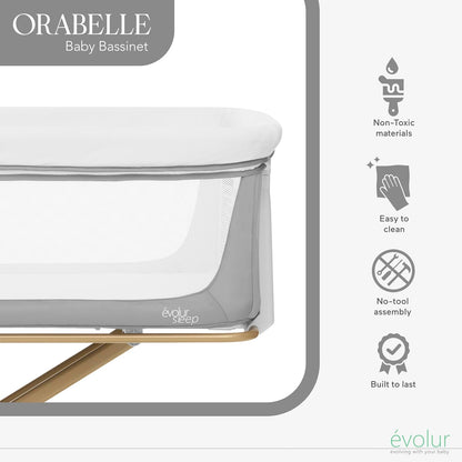 Evolur Orabelle Baby Bassinet & Bedside Sleeper, Breathable Mesh Sides, Plush Mattress Pad with Removable Cover, Tool-Free Assembly, Quick Foldable Steel Frame Compact Design with Travel Bag – Black