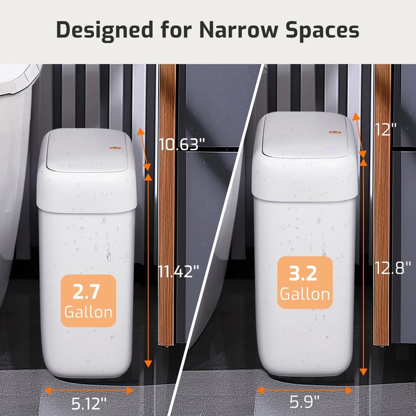 MOPALL Small Bathroom Trash Can with Lid, 2.6 Gallons / 10 L Slim Plastic Garbage Bin with Pop-Up Lid, Mini Waste Basket Can Dog Proof for Kitchen, Bedroom, Office, Laundry, Toilet, Rv, White
