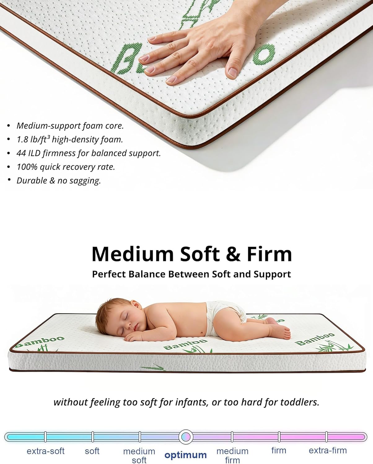 Pack and Play Mattress 38"x26" Playard Baby Pad for Pack n Play, No Gap Safer 3D Piped Edge, 1.5" Thick Medium Firm, Breathable Waterproof Washable Cover, White