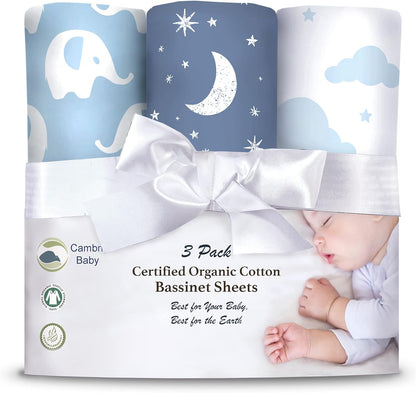 100% Organic Cotton 2 Pk Bedside Sleeper Bassinet Fitted Mattress Sheets Perfectly Compatible with Mika Micky, Baby Delight, Ronbei, Chicco, Cloud Baby, AMKE, Angelbliss, Arm's Reach. Cloud, Stripe