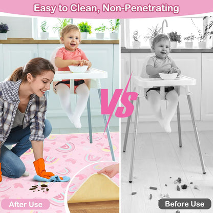 Basumee Splat Mat High Chair Mat Waterproof Baby Play Splat Mat for Under High Chair Food Catcher Highchair Mat for Floor Non Slip Bottom, Pink Rainbow, 46x42 Inches
